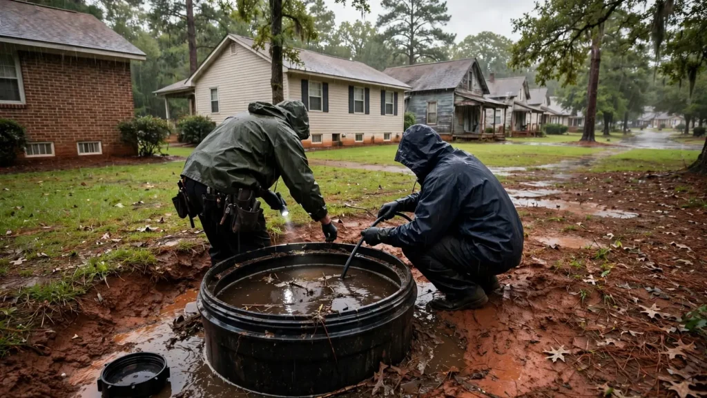 A yard cleanout with its cap off and wastewater visible near the top, on a rainy day