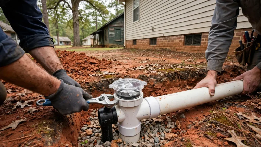 A clear-top backwater valve installed on a white PVC main drain line