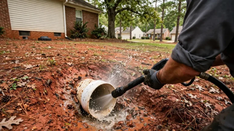 A hydro jetting hose entering a yard cleanout, with water spray and red clay around the opening