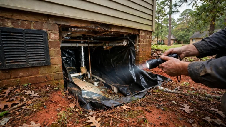 A flashlight beam into a dark crawlspace entrance with a vapor barrier and pipes inside