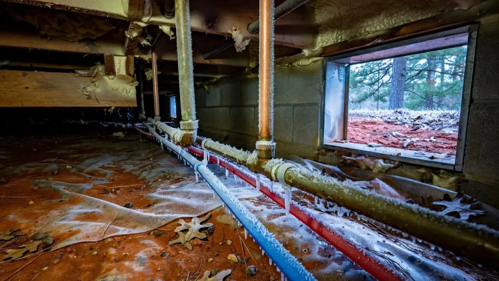 Frost-covered supply pipes in a crawlspace beside an open foundation vent in winter
