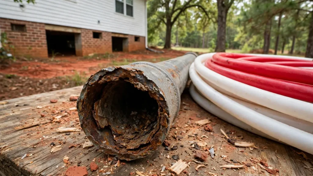 Cut section of corroded galvanized steel pipe next to new red and white PEX tubing