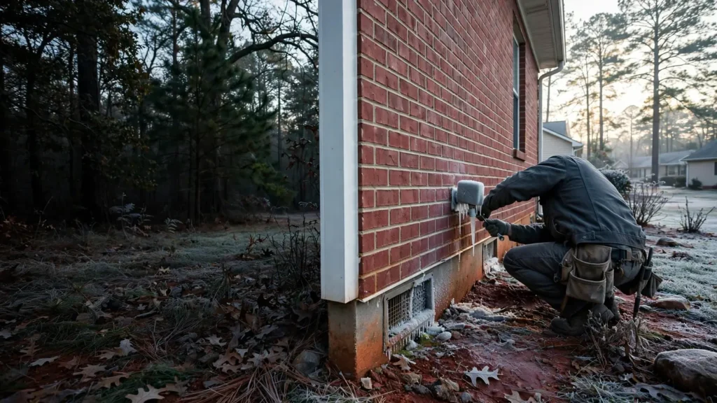 Frosty winter morning outside a red brick ranch home with an icy crawlspace vent and a covered outdoor faucet