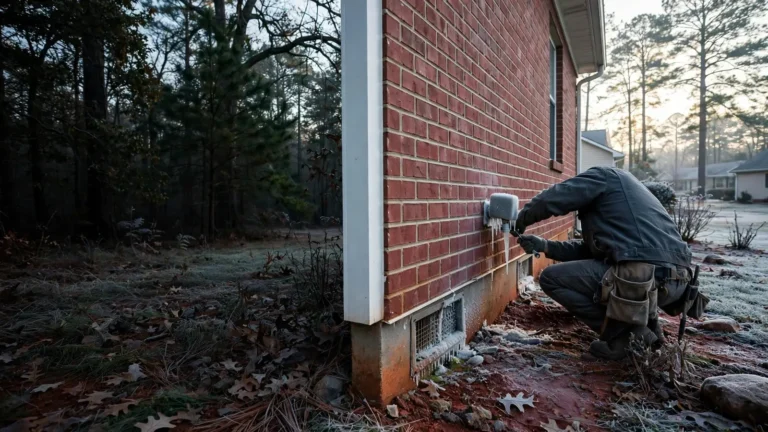 Frosty winter morning outside a red brick ranch home with an icy crawlspace vent and a covered outdoor faucet