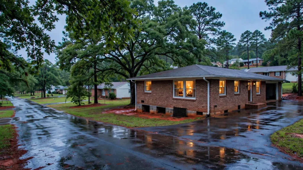 1970s brick ranch home on a wet street in an Upstate South Carolina neighborhood at dusk