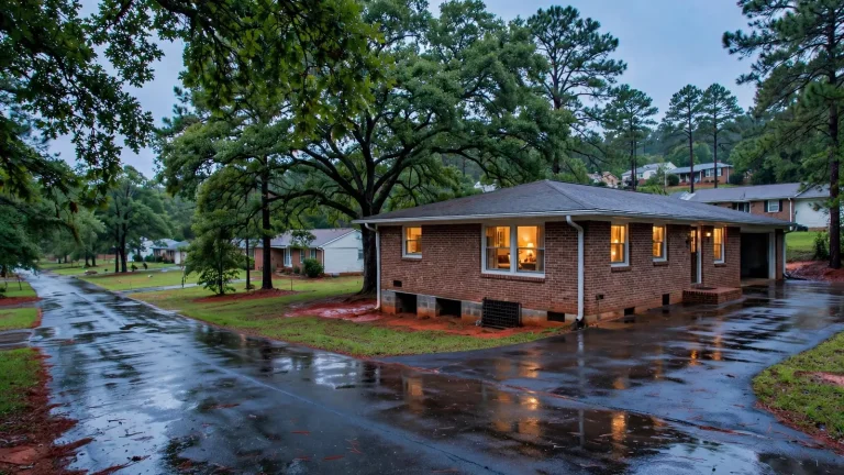 1970s brick ranch home on a wet street in an Upstate South Carolina neighborhood at dusk