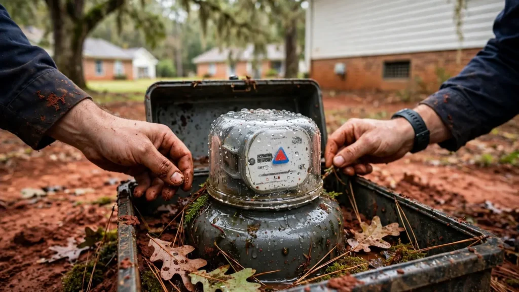 Close-up of a residential water meter's dial and leak indicator inside the meter box, wet and slightly dirty