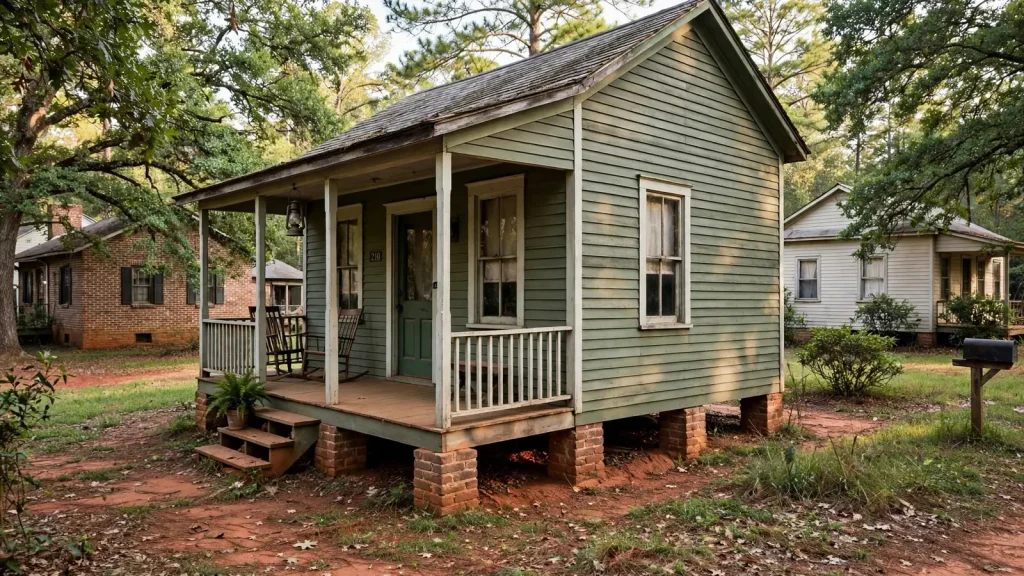 Small early-1900s mill village house with a front porch on brick piers