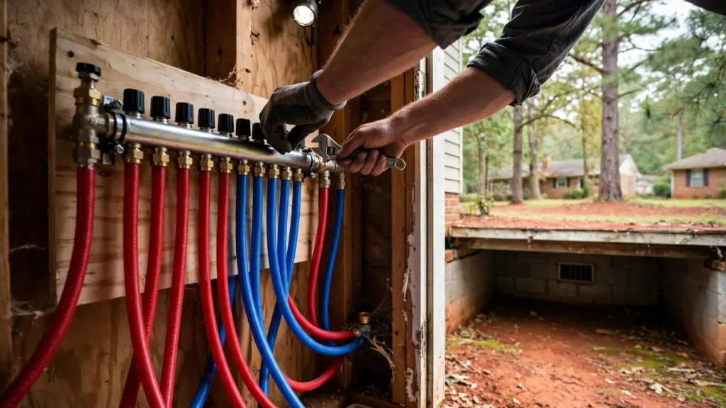 A PEX manifold with color-coded red and blue lines in a utility closet