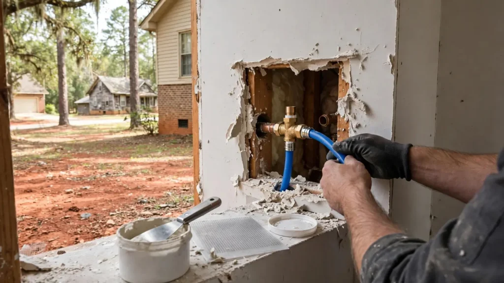 A small square opening in drywall showing a new PEX line where a fixture connects, with a patch kit nearby