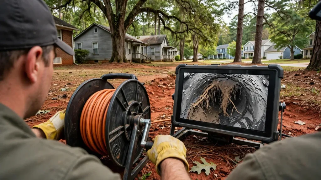 A sewer inspection camera monitor showing tree roots inside a clay pipe joint