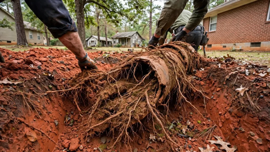 A dug-up section of old clay sewer pipe packed with fine tree roots, lying on red clay
