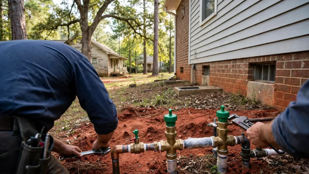 An irrigation backflow preventer assembly next to a house with green test cocks visible