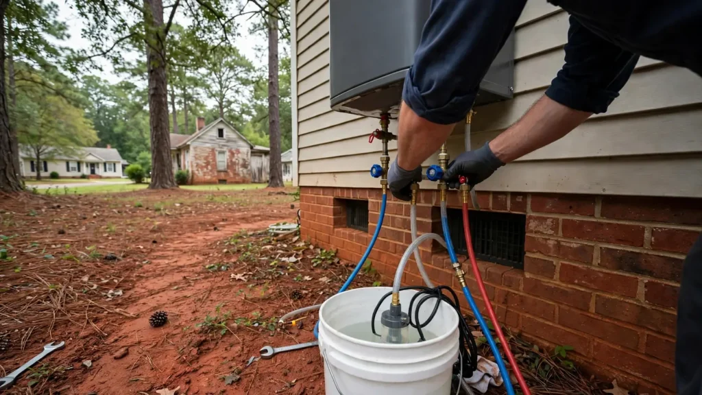 A descaling kit (bucket, small pump, hoses) connected to the isolation valves under a tankless water heater