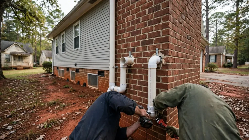 Exterior wall of a brick home with white PVC intake and exhaust vent pipes from a tankless water heater