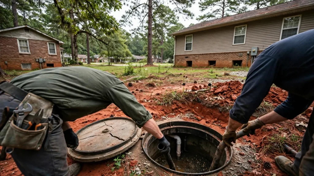 A septic tank access lid open in a rural backyard, with pines in the background