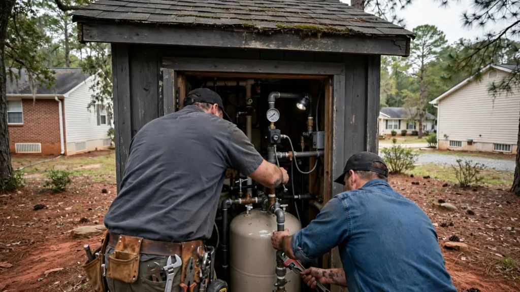 A well pressure tank and pressure switch in a small well house with a gauge visible