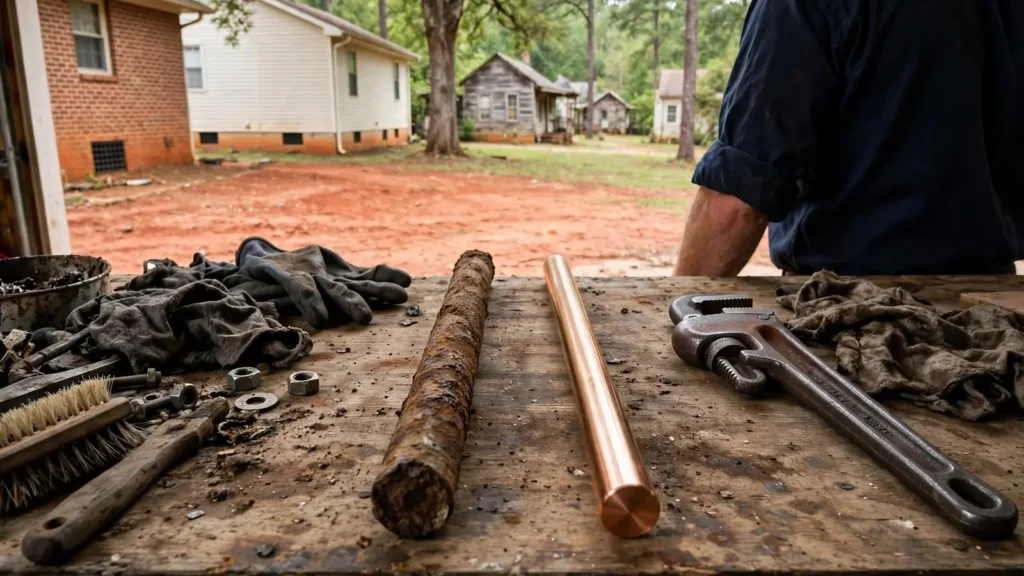 A corroded old anode rod laid next to a new one on a garage workbench