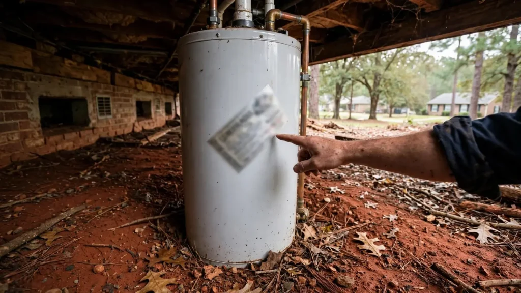 Hand pointing to the serial number area on a water heater rating label