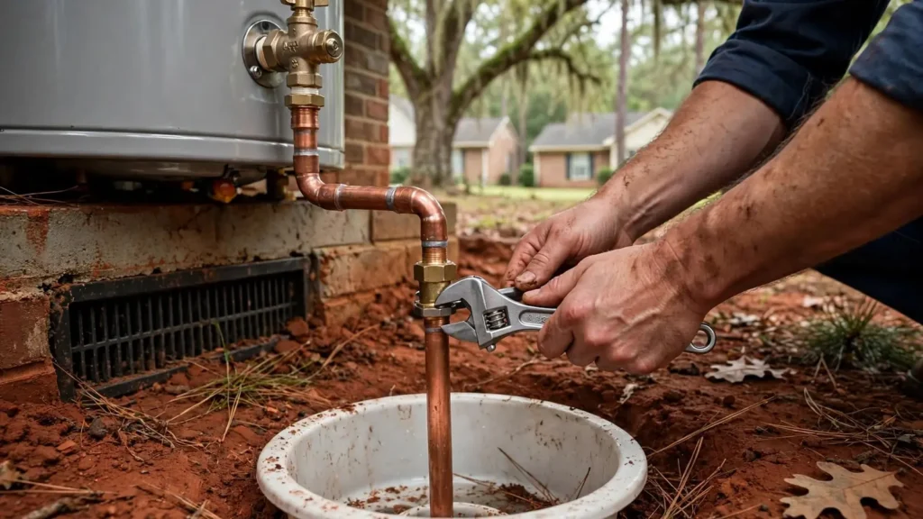 Close-up of a water heater's temperature and pressure relief valve with its discharge pipe leading down to a drain pan